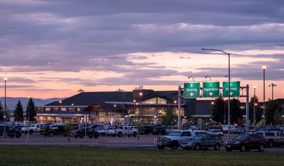 Bozeman Yellowstone International Airport terminal at dusk