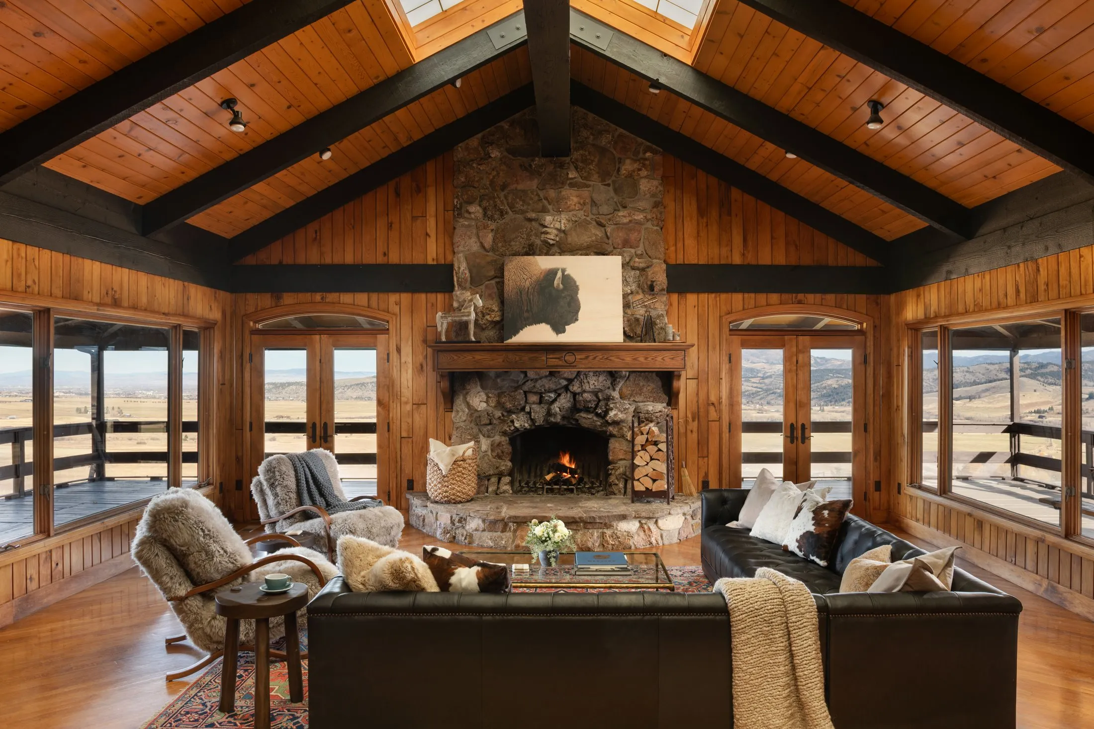 Main floor living area and wood-burning fire place