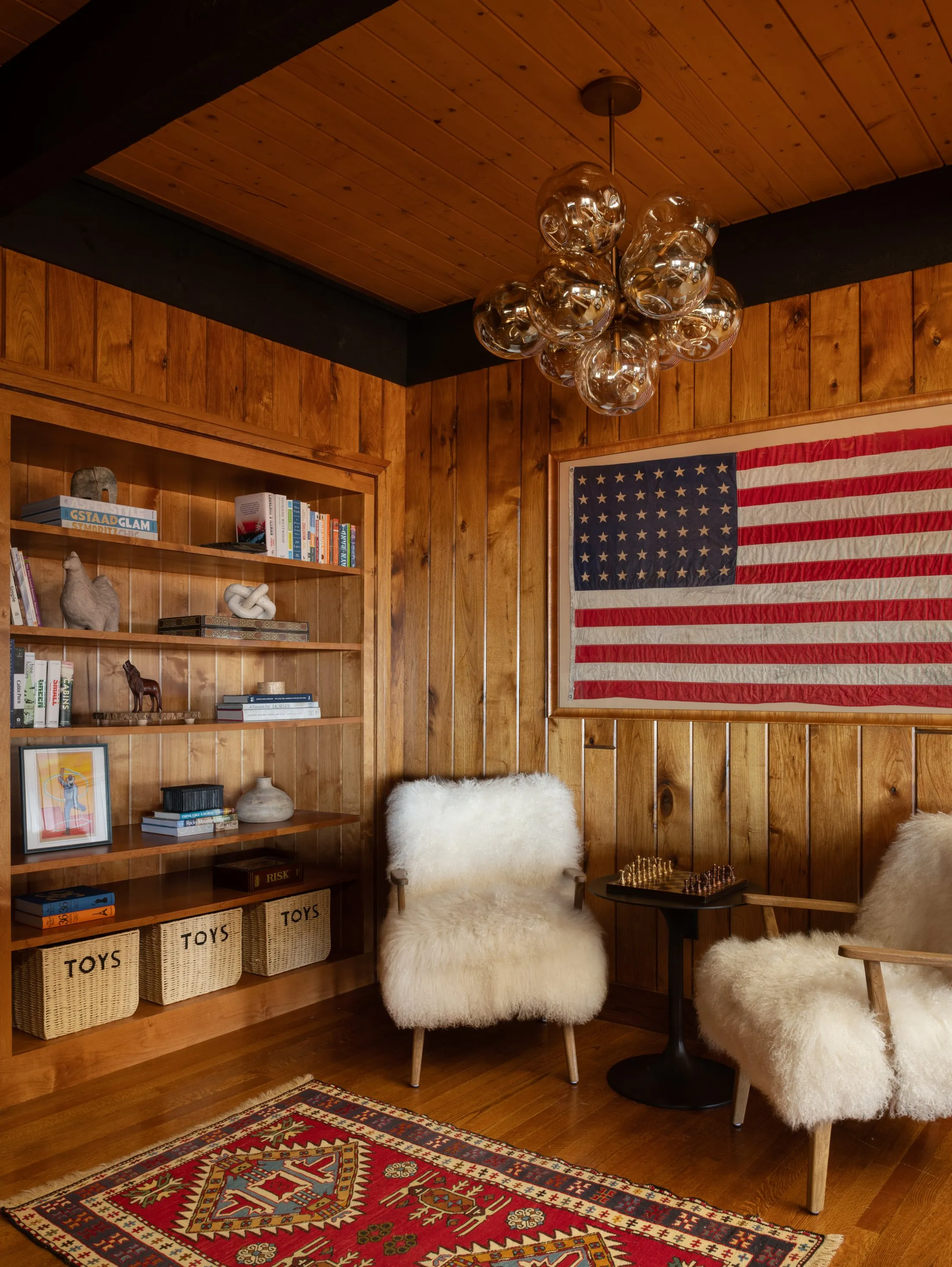 Reading nook with bookshelves and sheepskin chairs - main floor